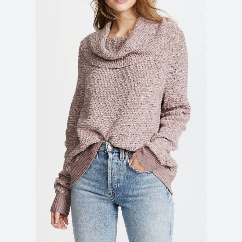 Free People By Your Side Cowl Neck Sweater in mauve waffle knit